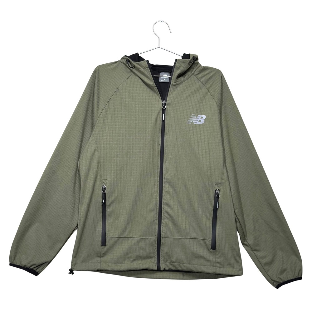 New Balance Windbreaker Jacket Mens Medium Green Ripstop Hooded Full Zip
